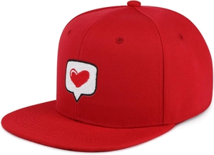 Detail of red snapback hat featuring high-quality heart embroidery on structured crown
