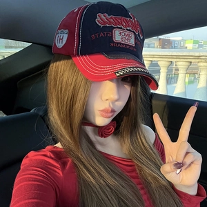 Vintage red and navy blue contrast baseball cap with retro 3D letter embroidery