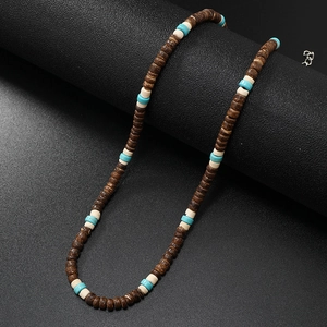 Men's retro coconut shell necklace with blue turquoise beads for surfing and vacation