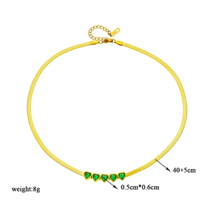 Gold snake chain necklace featuring five emerald green heart-shaped zircon stones
