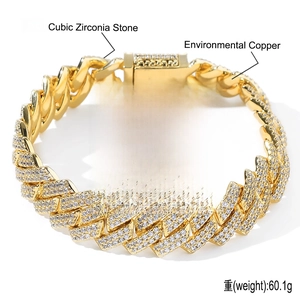 Detailed size specifications of 14mm gold cuban link bracelet with AAA+ zirconia