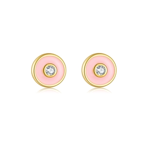 Pink enamel round evil eye stud earrings in gold with center cubic zirconia stone