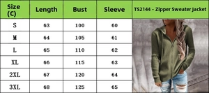 Tabella taglie dettagliata per maglione con cappuccio e zip con misure di busto e lunghezza
