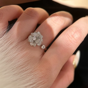 Sparkling silver camellia flower open ring with multi-layer pavé zircon petals for women