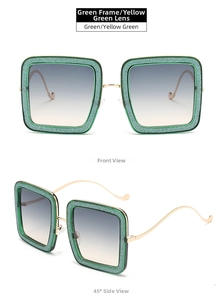 Detailed view of square green glitter frames with blue-to-yellow gradient lenses