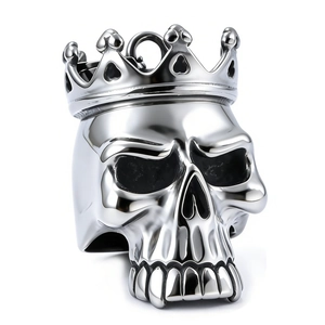 Vintage stainless steel skull necklace with crown pendant in polished silver finish