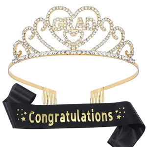 Graduation crown and sash set with gold glitter Congratulations print and rhinestone tiara