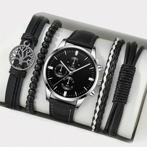 Close-up of men's black chronograph watch set with assorted leather and beaded bracelets