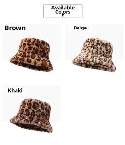 Detailed color options of winter faux fur leopard print bucket hats in brown and beige