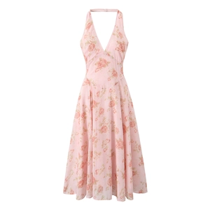 Pink floral halter midi dress with deep V-neck and open back design for women