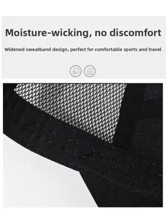 Detail of widened sweatband and breathable mesh fabric on black mesh baseball cap