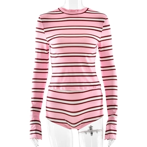 Detail of pink striped long-sleeve top and shorts set on mannequin with clean finish