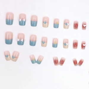 24pcs French press-on nails set with bows, 3D hearts, and moon patterns in blue and beige