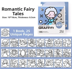 Detail view of 10x10cm mini watercolor painting book with 25 fairytale cartoon patterns