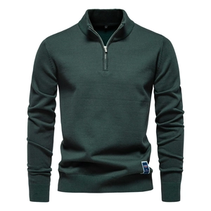 Pull en maille ajusté vert foncé pour homme avec col montant et demi-fermeture éclair