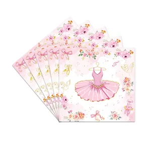 Detail view of ballet-themed napkins featuring pink tutus and floral art patterns