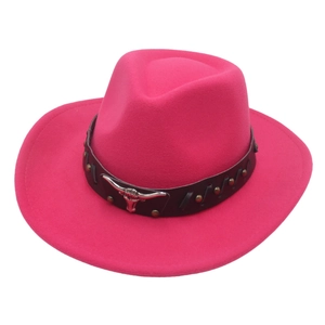 Fuchsia western wool felt cowboy hat with vintage bull head metal logo and leather band