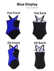 Flat and 3D views of girls' one-piece swimsuit in blue-black with gold ring detail