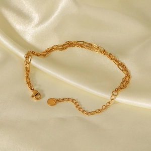 Three-layer 18k gold plated stainless steel bracelet on a luxury satin background