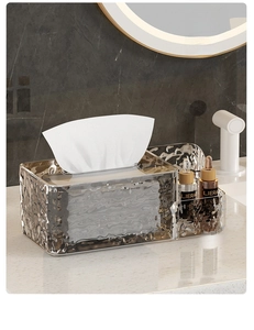 Macro detail of smoke gray glacier texture tissue box with side storage compartments