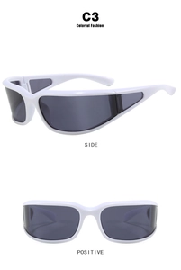 Detailed views of white Y2K sports sunglasses with dark lenses and futuristic design