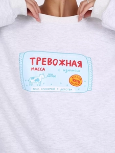 Nahaufnahme des bunten Grafikdrucks auf der Brust des hellgrauen Rundhals-Sweatshirts