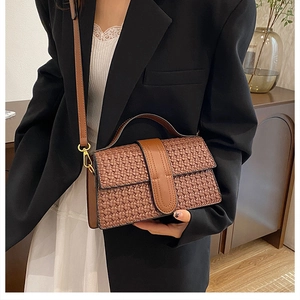 Close-up of brown woven texture shoulder bag with leather handle held by model