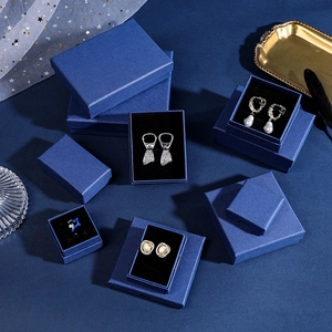 Detailed view of dark blue textured jewelry boxes in various sizes for rings and necklaces