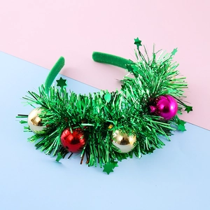 Christmas Creative Green Tinsel Headband With Colorful Balls And Star Sequins Kids Party Hair Hoop Festive Costume Accessory
