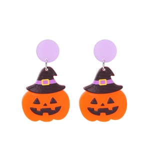 Halloween acrylic pumpkin earrings featuring black wizard hats and purple round studs