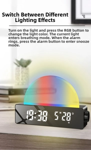 Digital wake-up light alarm clock with RGB semi-circular LED and mirror display