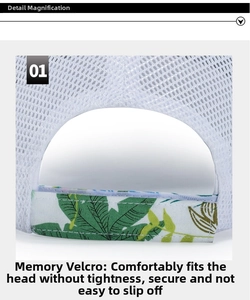 Detail of the white mesh baseball cap with tropical green leaf print velcro strap closure
