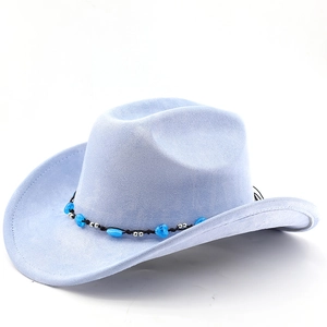 Close-up of light blue suede cowboy hat with black braided band and blue bead details