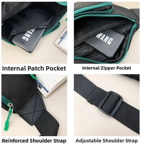 Innentaschen und verstärkte, verstellbare Riemendetails der schwarzen Nylon-Brusttasche