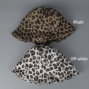 Fashionable leopard print bucket hats in khaki and beige cotton fabric for women