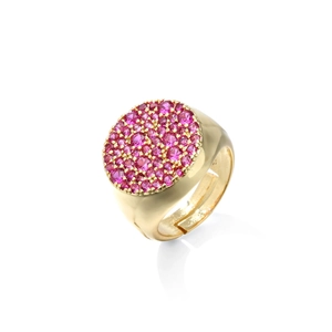 Eleganter vergoldeter Ring mit kreisförmiger Scheibe und farbigen Zirkonia-Steinen