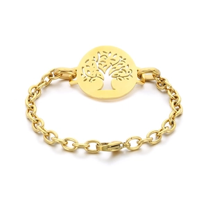 Gold-plated stainless steel tree of life bracelet with chunky O-chain and lobster clasp