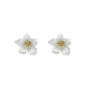 Elegant white floral stud earrings with gold stamen centers on a clean white background