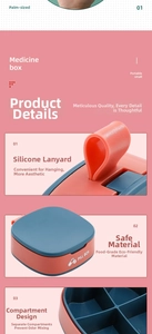 Detail of portable pill box showing four compartments and silicone handle lanyard