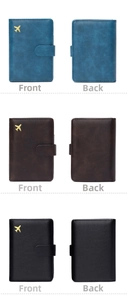 Front and back views of RFID travel passport holders in blue, brown, and black faux leather