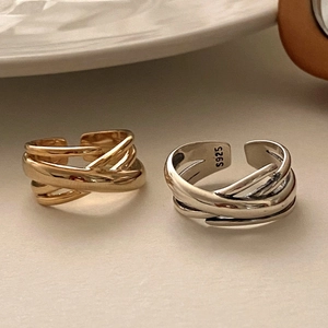 Retro S925 sterling silver woven multi-layer open rings in gold and silver finish