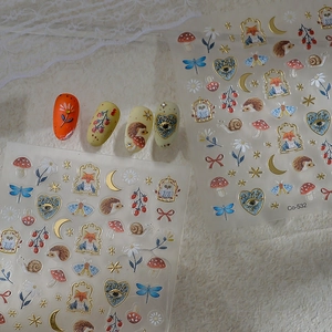 Golden 5D woodland nail art stickers featuring fox, hedgehog, and mushroom motifs Co-532