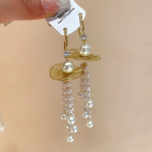 French vintage pearl tassel earrings with gold leaf and sparkling zircon crystals