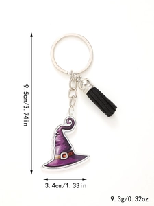 Detailed size view of acrylic purple witch hat keychain with black tassel for bags