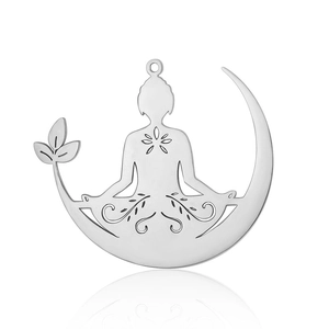 Polished stainless steel moon and lotus yoga pendant detail with clear reflection