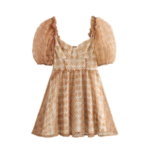 Vestito Mini In Mesh Con Scollo Quadrato Maniche A Sbuffo Motivo Rosa 3D E Pois Vita Alta Elegante Linea A Stile Francese