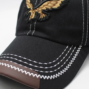 Detailed close-up of eagle embroidery and white contrast stitching on a black cotton cap