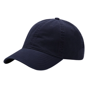 Detail view of navy blue cotton baseball cap showing side profile and six-panel construction