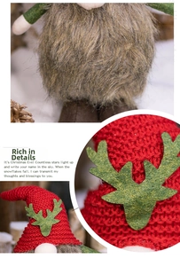 Detailed view of Christmas gnome showing red knitted hat, antlers and long fur beard texture