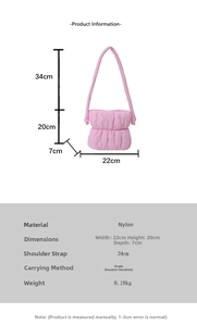 Detailed size chart for pink quilted nylon bucket bag with dimensions and specifications